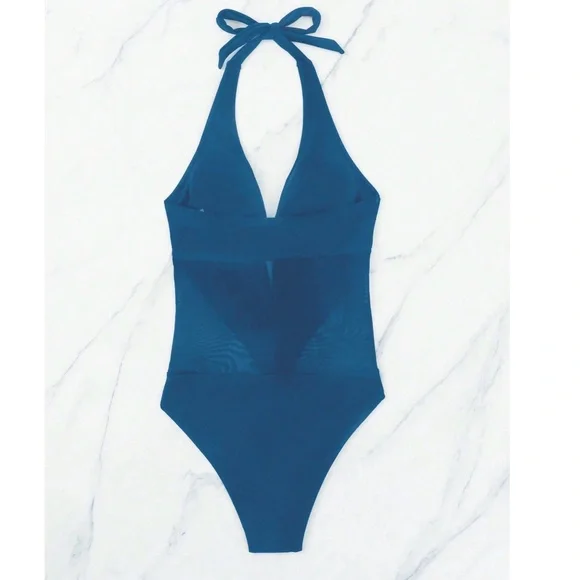 Teal Cut out Semi Sheer Halter Neck Monokini One Piece Swimsuit - Picture 4 of 8